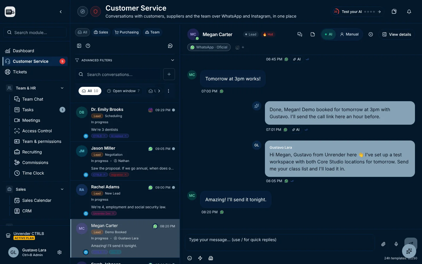 Screenshot of the real CTRLB screen · Customer Service