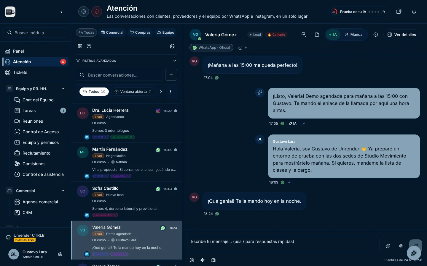 Captura de la pantalla real de CTRLB · Atención al cliente